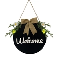 Black wooden Welcome sign for front door with burlap bow and artificial daisy wreath decoration - Welcome Sign / Blue