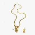 Gold snake chain necklace with heart pendant, pearl charm, and personalized letter E charm - Gold - Letter E