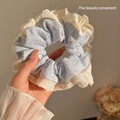 Light blue plaid scrunchie with sparkling rhinestones and delicate beige lace trim - Blue Plaid