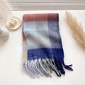 Thick mohair plaid scarf in red, grey, and blue with fringe detail and soft texture - Blue Grey Plaid Scarf