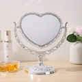 Silver vintage heart shaped tabletop vanity mirror with ornate scroll carvings - Heart Silver