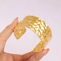 18K gold-plated titanium steel wide open bangle with unique hammered texture design - CK638-Hammered Texture