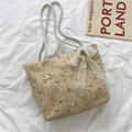 Beige geweven strooien tas met bloemenborduursel en witte kanten strik decoratie - Khaki