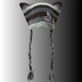 Cat ear knitted beanie with brown and grey stripes featuring butterfly embroidery and tassels - One Size / Butterfly Mushroom Patch Hat