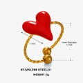 Bague cœur en émail rouge minimaliste en acier inoxydable doré avec anneau texturé - Cœur Rouge