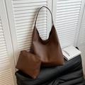 Dark brown pebbled leather hobo tote bag set with matching small zipper pouch - Litchi Pattern Coffee