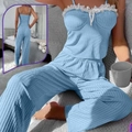 Damen Schlafanzug-Set hellblau gerippt mit Spitzenbesatz und Schleife Top und Hose - S / Seeblau