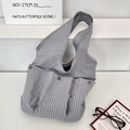 Gray checkered oversized tote bag with functional front pockets and vintage metal buckle - Gray