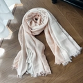 Pink and white gradient linen scarf with black stripes and tassel fringe on wood floor - Pink Gradient
