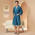 Men's silk-like mid-length bathrobe in deep peacock blue with contrast piping - M / Male Style / Cyan Blue