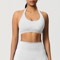 Détails d'un ensemble de yoga blanc sans couture avec brassière dos nu et legging taille haute - Beige Plume