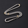 Two-tone silver and gold stainless steel square box chain necklace on black leather - 5mm Square Box Chain With Gold Beads Necklace