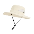 Beige wide-brim outdoor sun hat with breathable mesh panels and adjustable wind cord - Light Beige