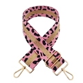 Detail von verstellbarem 5cm rosa Leoparden-Gurt mit Goldglitzer und Metall-Karabinern - Schwarz-Rosa Kuhmuster