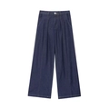 Pantaloni in denim blu scuro a vita alta a gamba larga con eleganti dettagli a pieghe - XS / Jeans