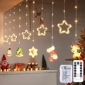 Cortina de luces LED de Navidad blanco cálido con estrellas, muñecos y control remoto - Anillo de Pentagrama + Color UV / Versión Caja de Batería Impermeable