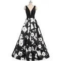 Elegante abito da sera senza maniche con corpetto in raso nero e gonna lunga a fiori bianchi - S (US 2) / Stampa Floreale Nera
