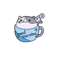 Cat in blue teacup enamel pin with good morning text and unique artistic knife detail - Good Morning Stabbed Cat (C1958-9)