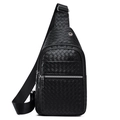 Classic black woven leather chest bag with silver zippers and adjustable nylon strap - Style 4 / Black