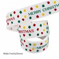 White 25mm Christmas grosgrain ribbon with polka dots and Merry Christmas text - White with Red-Green Text and Polka Dots (Style 7)