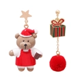 Christmas asymmetric stud earrings with brown bear, golden star and red pompom charm - Red Bear Asymmetrical Earrings