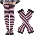 Detail of pink and black striped high thigh socks and matching arm warmers for cosplay - One Size / Pink Black Stripe