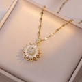 Golden sunflower necklace with cubic zirconia pavé inlay presented on a jewelry gift box - Sunflower Necklace (X0626) / Gold