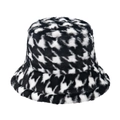 Classic houndstooth plush bucket hat for winter featuring black and white warm faux fur - Black