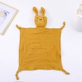 Detailed view of yellow cotton gauze baby security blanket with cute bunny head design - 30*30 cm / Ginger Yellow