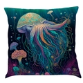 Detail of artistic cotton linen pillow cover featuring colorful jellyfish and sea life - Super Soft Velvet / 45x45cm / Pattern E