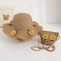 Set cappello di paglia estivo per bambini e borsa a tracolla con girasole coordinata - Taglia Bambini 52cm Circonferenza / Cappello Color Caffè + Borsa