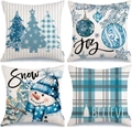 Set of 4 Christmas pillow covers in blue and white with holiday motifs and textures - Navy Blue Plaid Winter Set
