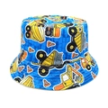 Dettaglio cappello alla pescatora per bambini con stampe di escavatori e gru su cotone blu - 52-54cm / Azzurro