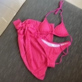 Three-piece rose pink bikini set with halter top, bottom and matching polka dot sarong skirt - Rose Red