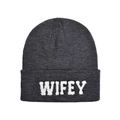 Close-up of WIFEY white plush lettering on a dark grey ribbed knit beanie hat - One Size / Dark Gray