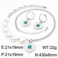 Set gioielli in acciaio argento con cuori in zircone verde e collana di perle - Set Colore Acciaio (KS216295-KSP)