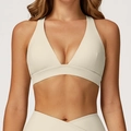 Cream white cross-back yoga bra with matching high-waisted leggings set for gym workout - Oat Apricot