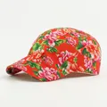 Classic red baseball cap with vibrant Chinese peony floral print and cotton fabric - Red