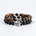 Couples bracelet set with yellow tiger eye and black volcanic lava stone beads - Tiger Eye & Lava Stone - Metal Spacers - Sphere Pendant