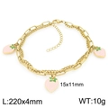 Gold double-layer chain bracelet featuring three pink strawberry enamel charms - Pink Strawberry Style (KJ4506-ZG)