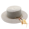 Close-up of a straw boater hat featuring a brown string band and natural feather details - M (56-58cm) / Gray