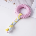 Hundespielzeug aus rosa TPR-Gummi und buntem Baumwollseil zur Zahnpflege - Gepunkteter Molarring mit Seil / 18cm / Rosa