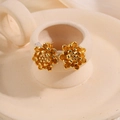 Golden titanium steel lotus earrings with 18k gold plating and cubic zirconia studs - Gold Lotus Pod