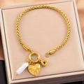 Gold-plated chain bracelet with baroque pearl, heart charm, and ring pendant in gift box - Rhinestone Heart