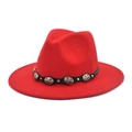 Detail of red wool felt fedora featuring a vintage metal buckle and leather decorative band - M(56-58cm) / Red