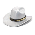 Detail of silver western cowboy hat with cattle buckle and black leather hatband - M (56-58cm) / Silver