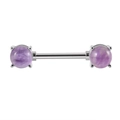 Barbell nipple ring made of stainless steel with two round purple amethyst stones - Amethyst