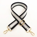 Adjustable wide replacement shoulder strap with black and white stripes and gold hooks - Gold Buckle / Silver Stripe Black