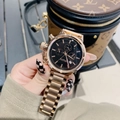 Fashionable gold stainless steel quartz watch with black dial and calendar display - Rose Gold & Black
