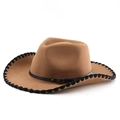 Brown wool felt western cowboy hat with black braided edge and leather buckle band - M (56-58cm) / Stitched Khaki Hat with Black Edge